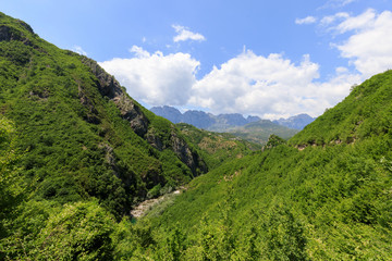 Mountainous landscape with green forests in the northern Dinaric Alps in Albania