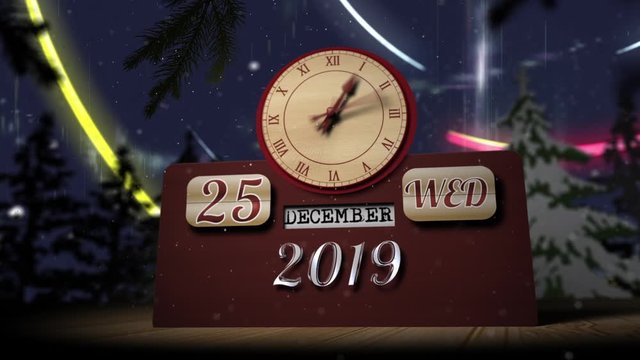 Happy New Year on the background of snow, a calendar and a clock. Computer animation.