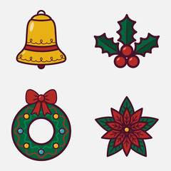 Set of Flat winter holiday symbols. vector icon of bell, holly, wreath, poinsettia
