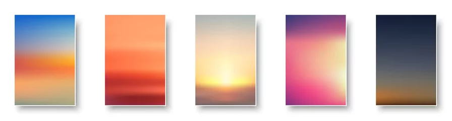 Tapeten Set aus farbenfrohem Sonnenuntergang und Sonnenaufgang am Meer. Verschwommene moderne Verlaufsgitterhintergrundpapierkarten. © Vjom