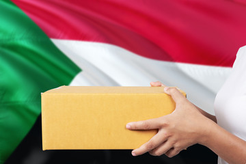 Sudan delivery service. International shipment theme. Woman courier hand holding brown box isolated on national flag background.