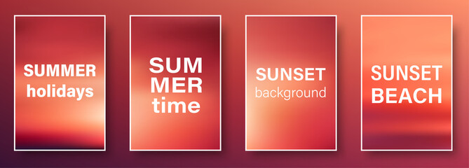 Set of pink sunset and sunrise paper cards with text. Blurred modern gradient mesh background.