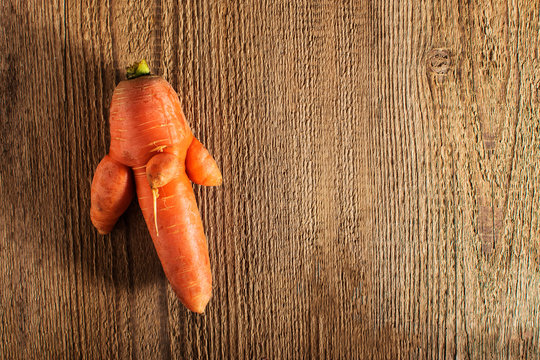 Trendy ugly organic carrot from home garden on barn wood table. color image.