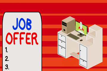 Text sign showing Job Offer. Business photo text Demonstrating or company that gives opurtunity for one employment Working desktop station drawers personal computer launching rocket clouds