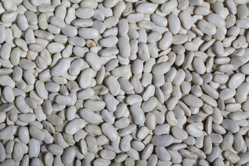 Close-up of lots of white beans, also called navy bean, haricot or pearl haricot in a grocery store