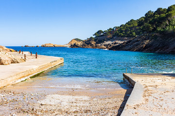 View of Aiguafreda Creek with the islets in the background, Begur, Costa Brava, Catalonia, Spain
