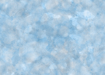 Hand-drawn watercolor background. Paint splashes, abstract stains, stripes, paper texture, the effect of clouds on the sky. Color gamma-cyan, grey, white