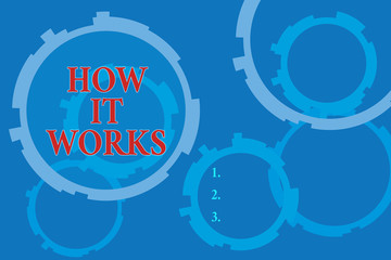 Text sign showing How It Works. Business photo text Used to asked about on What Way or analysisner By What Means Abstract Texture background with gears plain color behind. Gradient Pattern