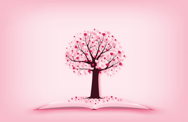 Illustration of love Valentine's day concept a tree with heart shape leaves growing on open book in paper cut style. Digital craft paper art.