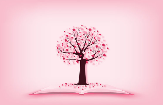 Illustration of love Valentine's day concept a tree with heart shape leaves growing on open book in paper cut style. Digital craft paper art.