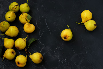 Ripe organic pears are located on dark background in an arbitrary order, Top view