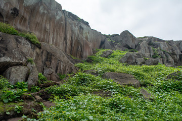 Mountain with rocks and green grass.