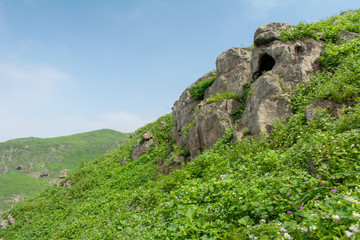 Mountain with rocks and green grass.