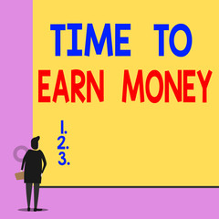 Text sign showing Time To Earn Money. Business photo showcasing Get Paid for Work Done Invest on Business or Property Back view young woman watching blank big rectangle. Geometrical background