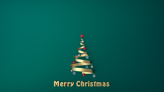 Gold spiral form to Christmas tree with ball hang on it and red star on top of tree that above merry christmas text with 3d rendering.