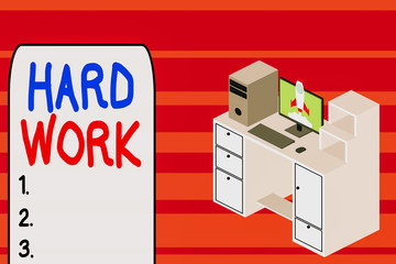Text sign showing Hard Work. Business photo text always putting a lot of effort and care into work or endurance Working desktop station drawers personal computer launching rocket clouds