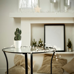 Glass table of free space for your decoration and white home interior.Free space for your decoration. 