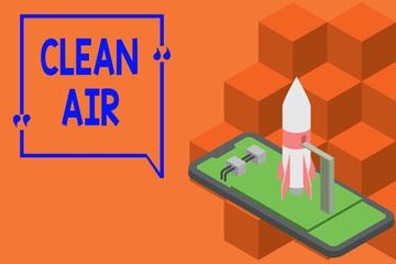 Writing note showing Clean Air. Business concept for air that has no harmful levels of dirt and chemicals in it Ready to launch rocket lying smartphone. Startup negotiations to begin