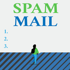 Writing note showing Spam Mail. Business concept for Intrusive advertising Inappropriate messages sent on the Internet Lengthy hairstyle woman stand with one leg lifted in back view position