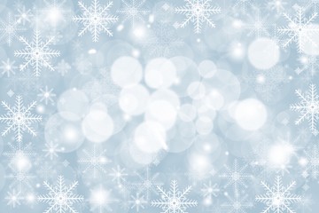 Blue abstract background with white snowflakes winter and bokeh stars blurred beautiful shiny light, use illustration Christmas new year wallpaper backdrop and texture your product.
