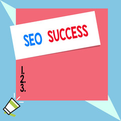 Text sign showing Seo Success. Business photo text accomplishment or achievement of increasing traffic to a website Speaking trumpet on left bottom and paper attached to rectangle background