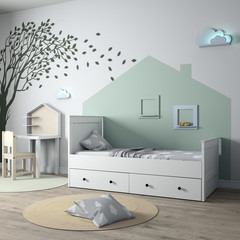 3d render of the interior of a children's room. Children's furniture