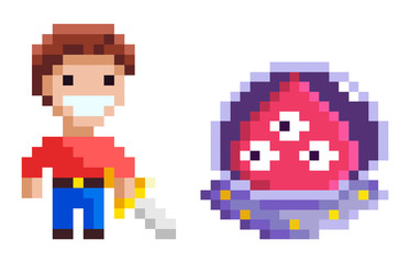 Knight holding steel and ufo characters element of pixel game, monster with eyes and cavalier with galive, geometric adversary, geometric hero vector