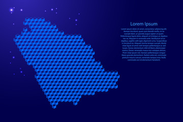 Saudi Arabia map from 3D blue cubes isometric abstract concept, square pattern, angular geometric shape, glowing stars. Vector illustration.