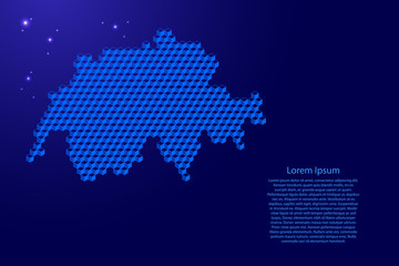 Switzerland map from 3D blue cubes isometric abstract concept, square pattern, angular geometric shape, glowing stars. Vector illustration.