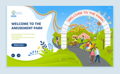 Fototapeta premium Welcome to amusement park vector, greenery and attractions for parents and kids, path leading to ferris wheel with cabins to view scenery. Website or webpage template, landing page flat style