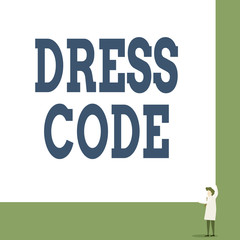 Text sign showing Dress Code. Business photo showcasing an accepted way of dressing for a particular occasion or group Front view young woman holding two hands right corner big blank rectangle