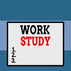 Conceptual hand writing showing Work Study. Concept meaning college program that enables students to work parttime Close up view big blank rectangle abstract geometrical background