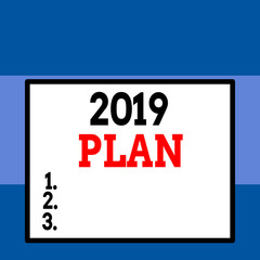 Conceptual hand writing showing 2019 Plan. Concept meaning Challenging Ideas Goals for New Year Motivation to Start Close up view big blank rectangle abstract geometrical background