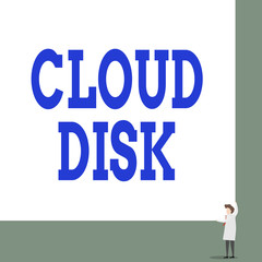 Text sign showing Cloud Disk. Business photo showcasing web base service that provides storage space on a remote server Front view young woman holding two hands right corner big blank rectangle