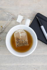 Cup of tea on a desk from above