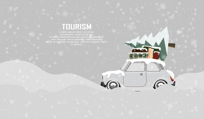Winter holidays by car. Trip on a winter vacation in the mountains, forest. Travel to world by car. Christmas, winter wether. Nappy new year. Vector design for banner, post