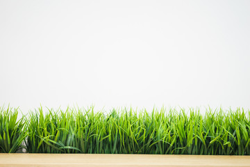 Fresh green grass in a wooden pot against a white wall in the office. Interior of the room with...