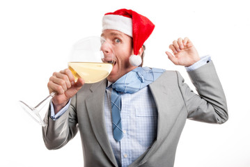 Santa hat businessman drinking too much at the office holiday party