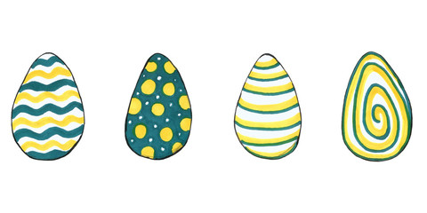 Watercolor blue yellow Easter egg closeup isolated on a white background. Hand painting on paper. Art design element