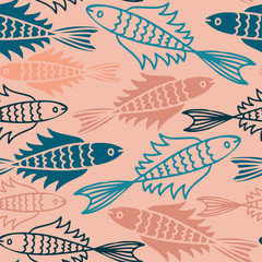 Fototapeta na wymiar Seamless vector pattern with colorful stylized fish. The design is perfect for wallpaper, backgrounds, wrapping paper, sheets, clothes, stationery and decorations. 