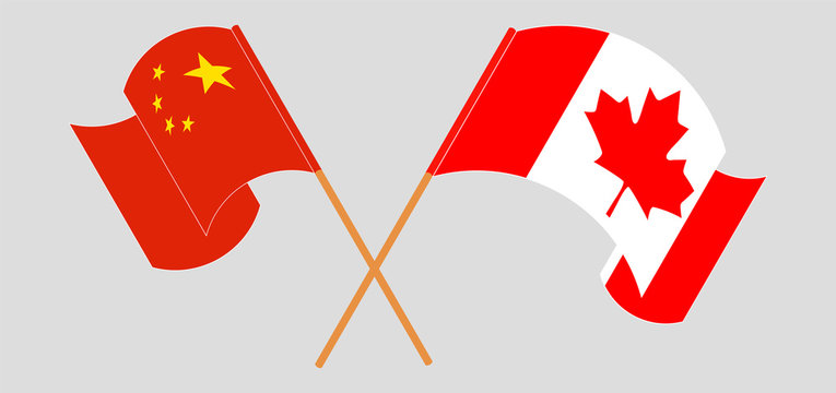 Crossed and waving flags of China and Canada