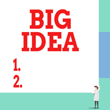 Text sign showing Big Idea. Business photo showcasing Having great creative innovation solution or way of thinking Front view young woman holding two hands right corner big blank rectangle