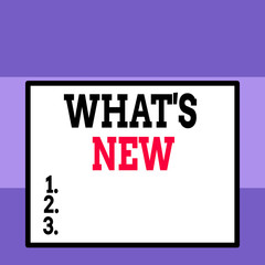 Conceptual hand writing showing What S Is New. Concept meaning Asking about latest Updates Trends and Happening News Close up view big blank rectangle abstract geometrical background