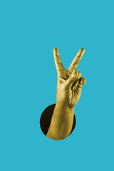Hand painted in gold shows different gestures and symbols from the hole on a bright blue paper background