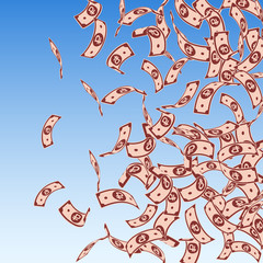 Russian ruble notes falling. Floating RUB bills on