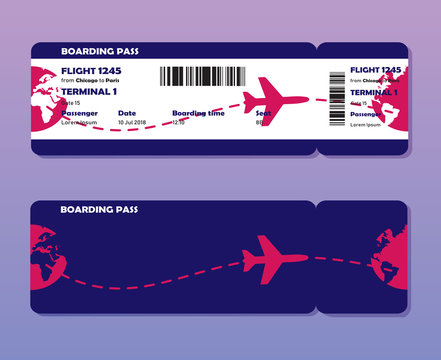 Flat design of airline travel boarding pass. Vector template or mock up isolated on color background. Front and back side tickets.	