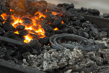 Horseshoe heating in a portable forge brazier. Embers glow in a iron forge. Fire, heat, coal and ash.