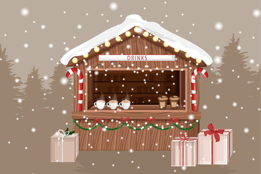 Christmas fair market stand with hot drinks for sale. Coffee in cups. Gifts decorations. Holiday Vector