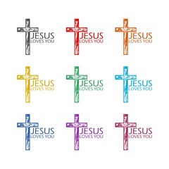 Cross and word Jesus loves you color icon set isolated on white background