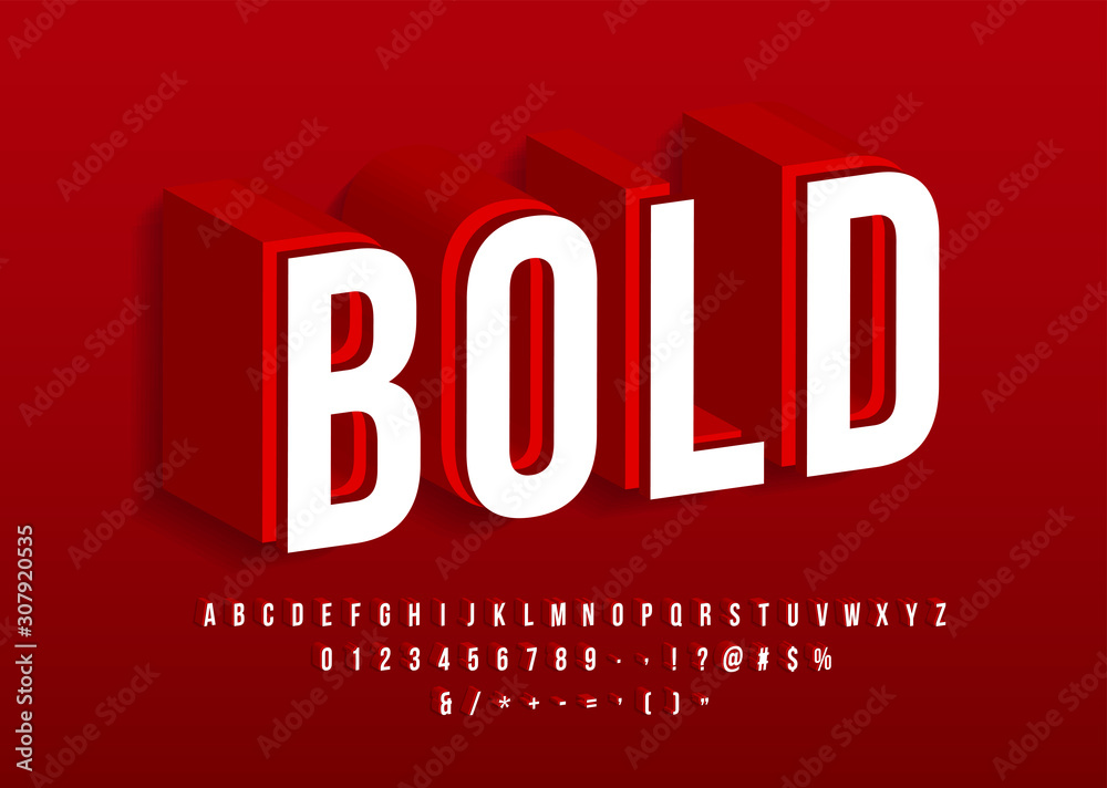 Fototapete Bold strong font Modern 3d alphabet Red isometric text effect Vector